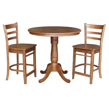 International Concepts Round 36 in Round Extension Dining Table with 2 Stools, Distressed Oak, 36 in W, 48 in L, 35.3 in H K42-36RXT-6B-S6172-2